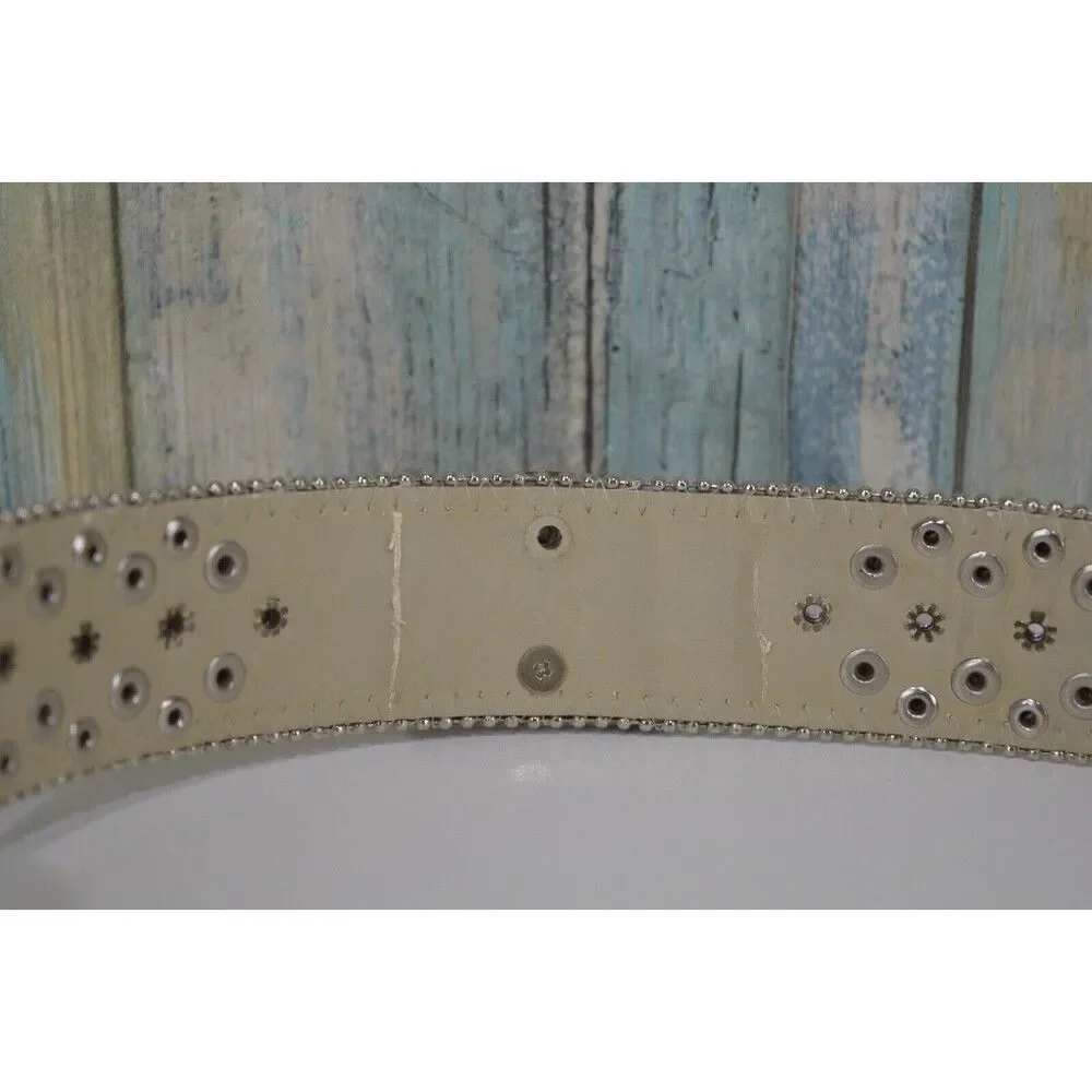 BHW Rhinestone Western Belt Brown Cow Hair Size M 32 Conch Jewel Gemstone Buckle